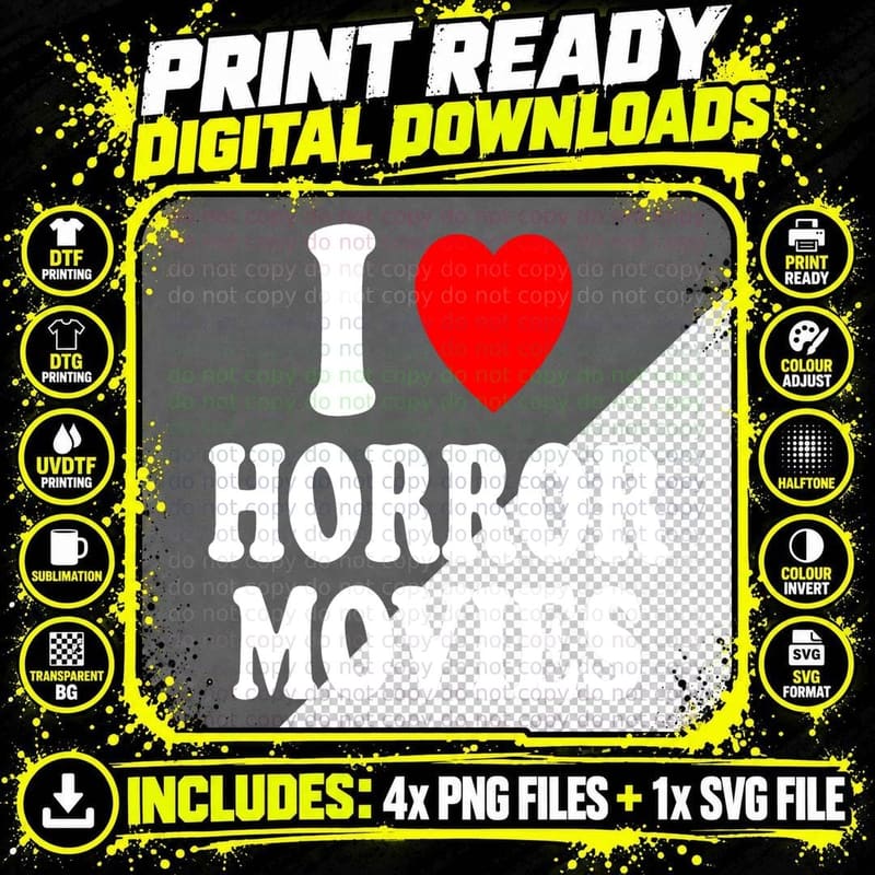 I Heart Love Horror Movies Scary Film Slasher Thriller Png SVG Digital Bundle