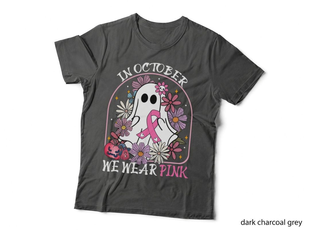 In October We Wear Pink Breast Cancer Groovy Ghost Halloween T-Shirt