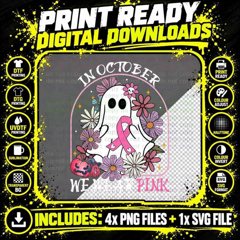 In October We Wear Pink Breast Cancer Groovy Ghost Png SVG Digital Bundle
