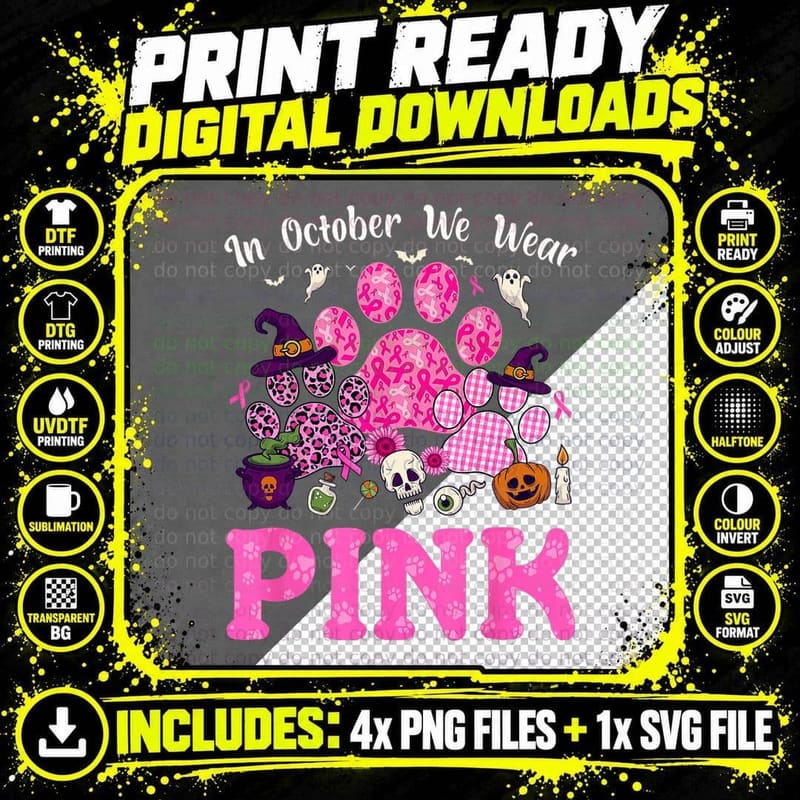 In October We Wear Pink Breast Cancer Halloween Dog Paws Png SVG Digital Bundle