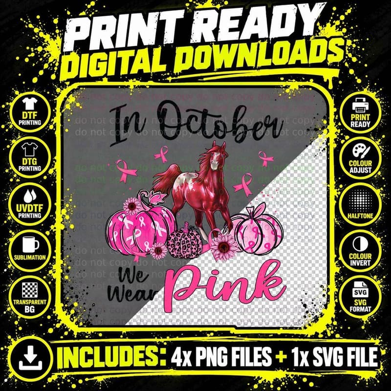 In October We Wear Pink Horse Pumpkin Leopard Breast Png SVG Digital Bundle