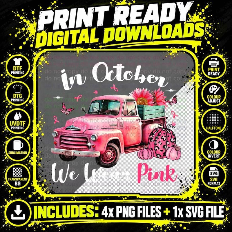 In October We Wear Pink Leopard Truck Pumpkin Breast Png SVG Digital Bundle