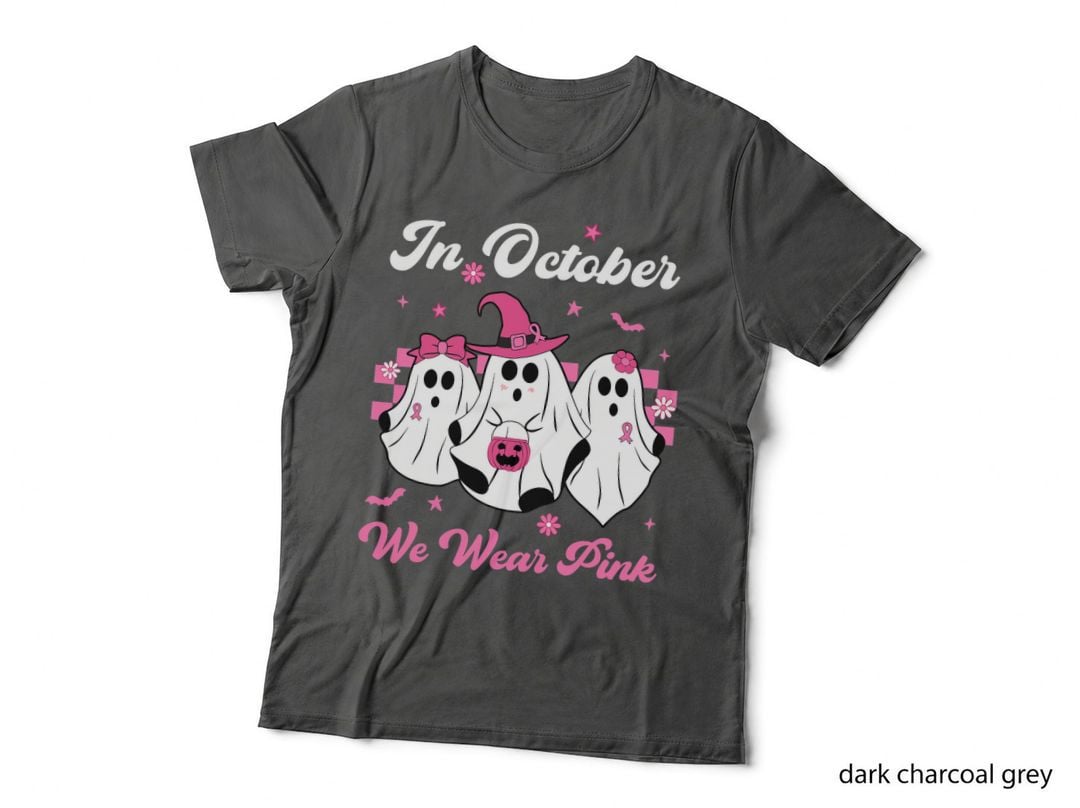 In October We Wear Pink Retro Ghosts Halloween Breast Cancer T-Shirt