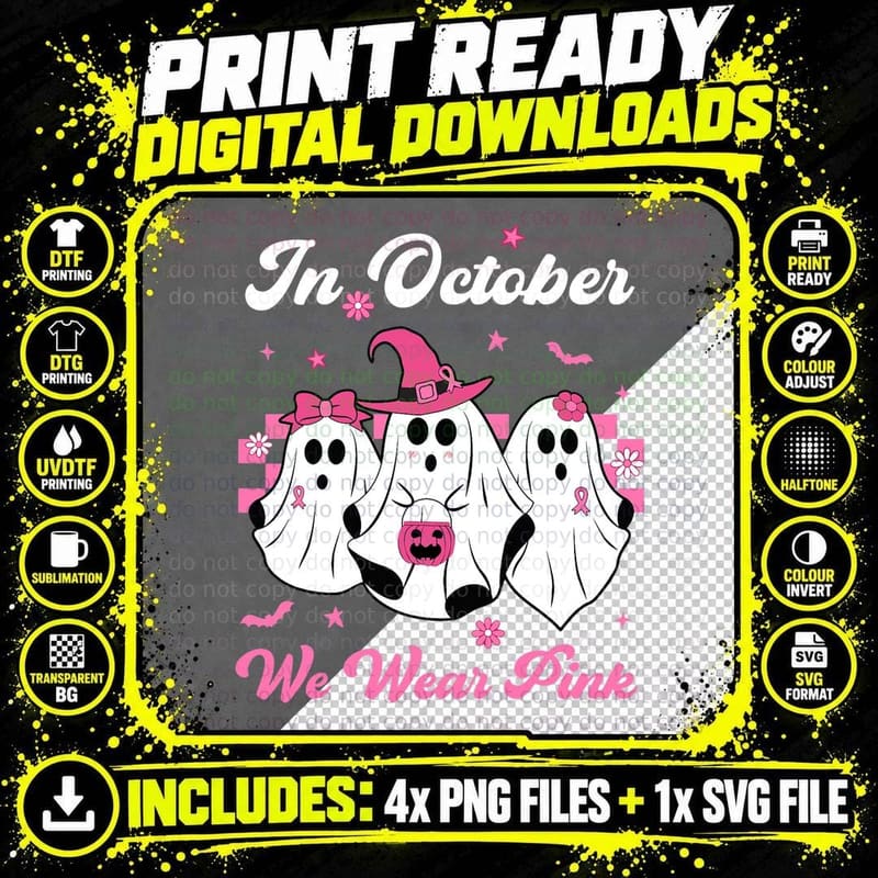 In October We Wear Pink Retro Ghosts Halloween Breast Png SVG Digital Bundle