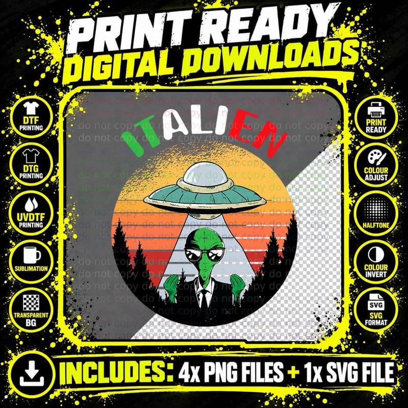 Italien Funny Italian Alien UFO Italy Flag Alien Png SVG Digital Bundle