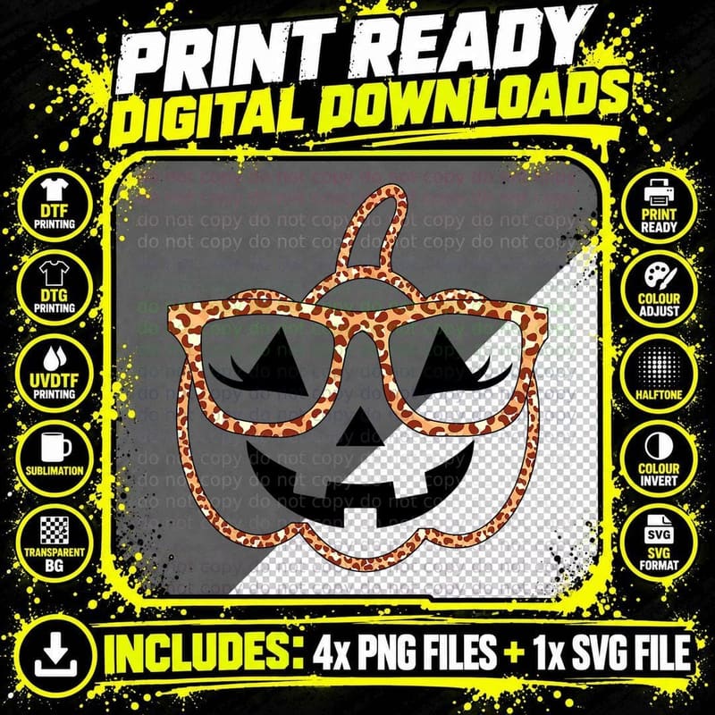 Jack O Lantern Face Pumpkin Halloween Leopard Print Png SVG Digital Bundle