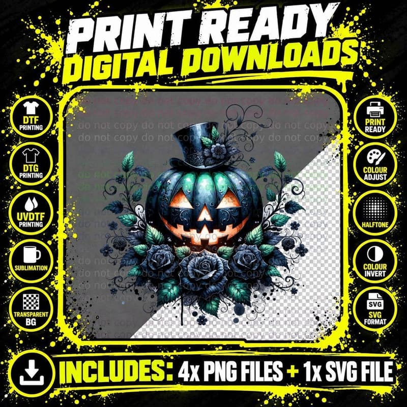 Jack O Lantern in Top Hat Halloween, Horror, Goth T-Shirt Png SVG Digital Bundle