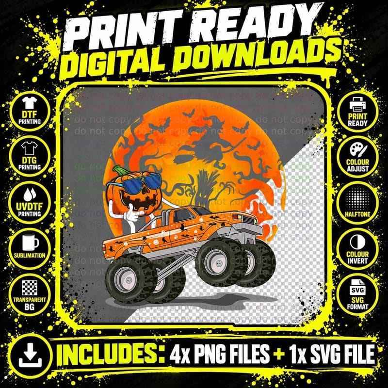 Jackolantern Pumpkin Monster Truck for Funny Halloween Png SVG Digital Bundle