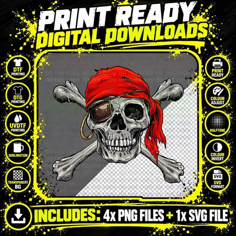 Jolly Roger Pirate Skull Crossbones Halloween Costume Png SVG Digital Bundle