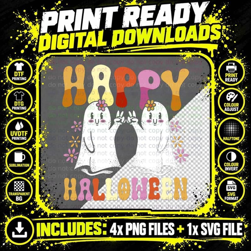 Joyful Halloween Costume Cute Retro Ghost Happy Png SVG Digital Bundle