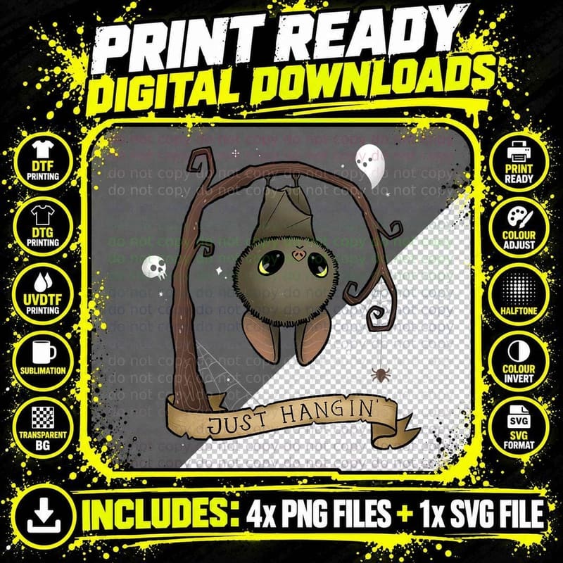 Just Hangin Bat Cute Halloween Animal Spooky Adorable Png SVG Digital Bundle