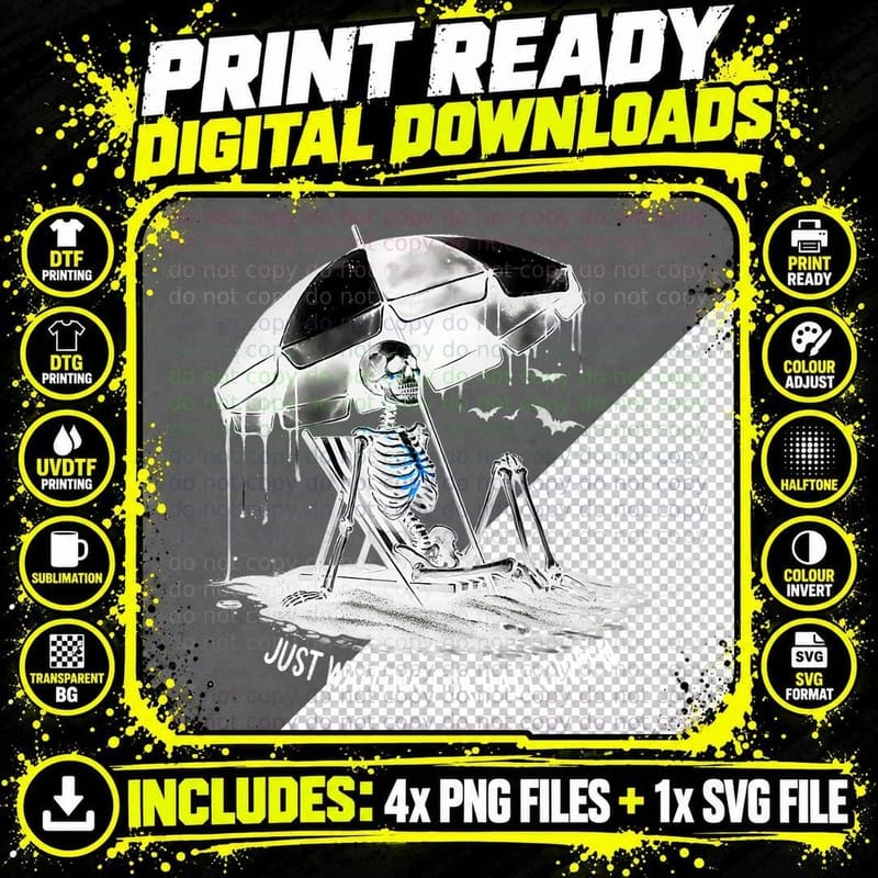 Just Waiting for Halloween Skeleton Beach, Horror Png SVG Digital Bundle