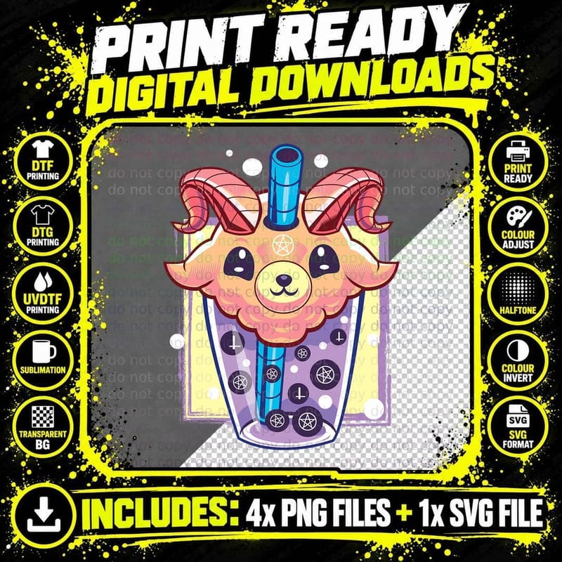 Kawaii Pastel Goth Creepy Baphomet Boba Bubble Tea Png SVG Digital Bundle