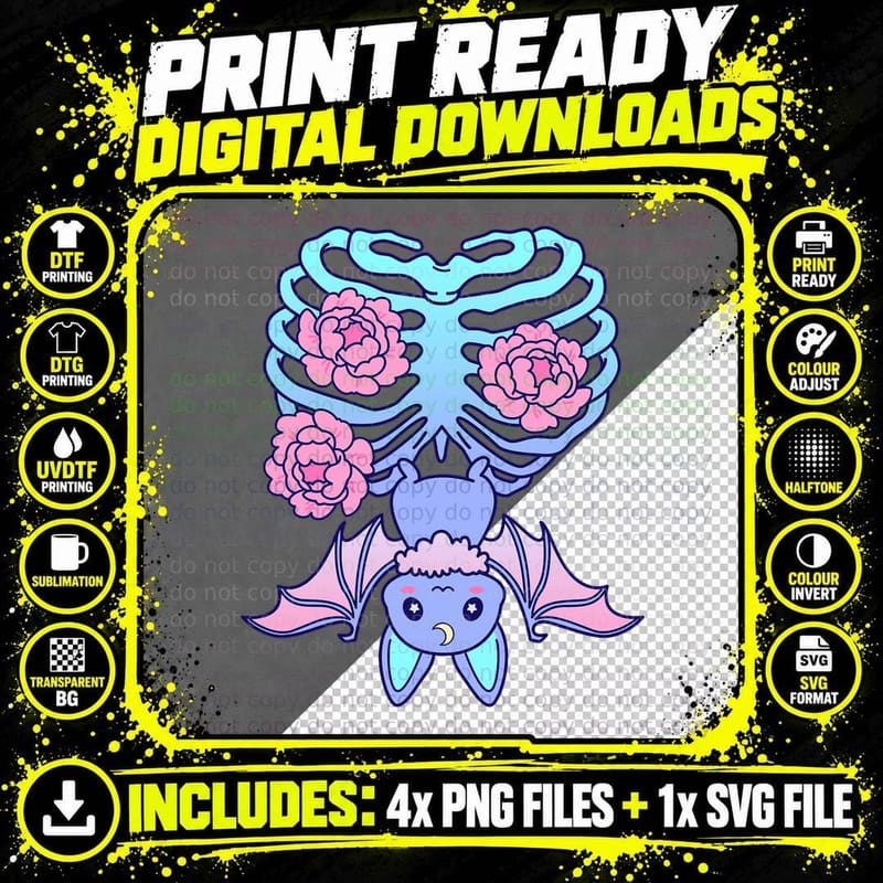 Kawaii Pastel Goth Creepy Bat - Vaporwave Spooky Png SVG Digital Bundle