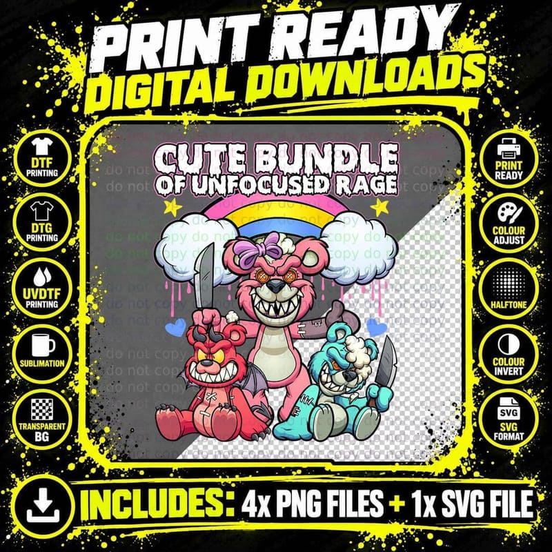 Kawaii Pastel Goth Cute Creepy 3 Colorful Kawaii Bear Png SVG Digital Bundle