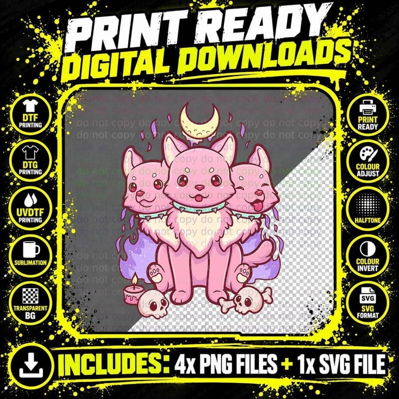 Kawaii Pastel Goth Cute Creepy 3 Headed Dog T-Shirt Png SVG Digital Bundle