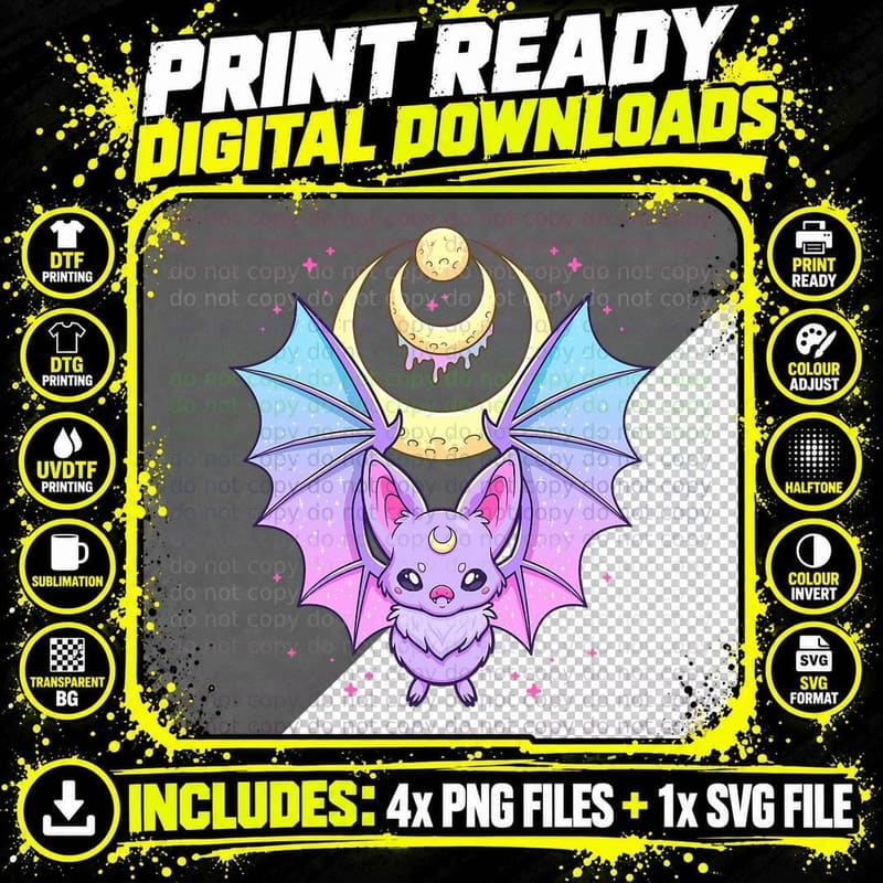 Kawaii Pastel Goth Cute Creepy Crescent Moon Bat T-Shirt Png SVG Digital Bundle