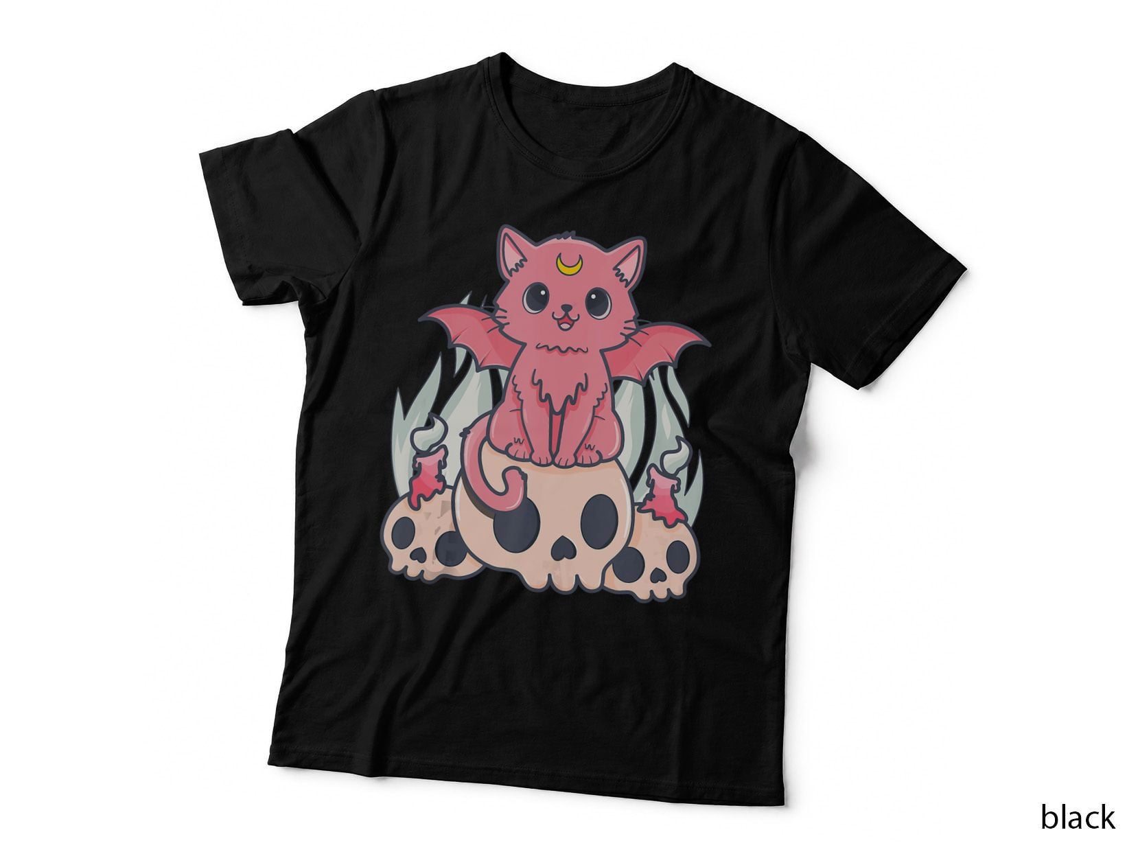 Kawaii Pastel Goth Cute Creepy Demon Cat and Skull Anime Art T-Shirt