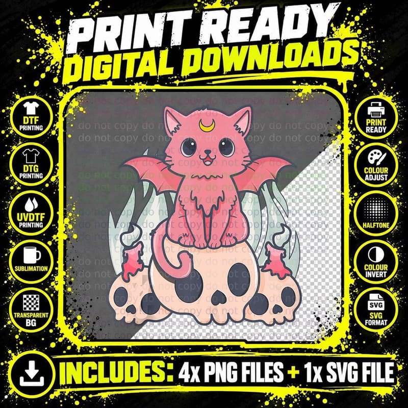 Kawaii Pastel Goth Cute Creepy Demon Cat and Skull Anime Png SVG Digital Bundle