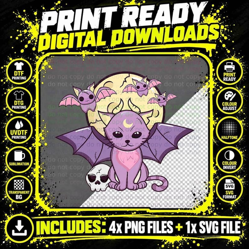 Kawaii Pastel Goth Cute Creepy Witchy Cat and Skull with Png SVG Digital Bundle