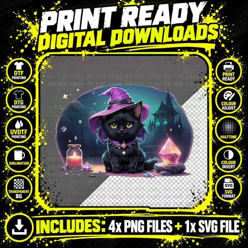 Kawaii Pastel Goth Cute Witchy Black Cat Crystal Png SVG Digital Bundle