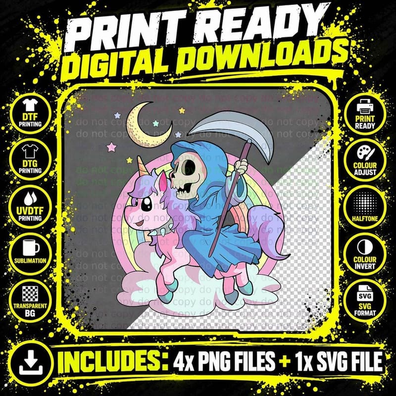 Kawaii Pastel Goth Unicorn and Grim Reaper Creepy Png SVG Digital Bundle