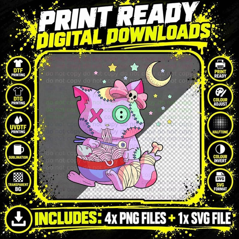 Kawaii Pastel Goth Witchy Cat Eats Ramen Cute Creepy Cat Png SVG Digital Bundle