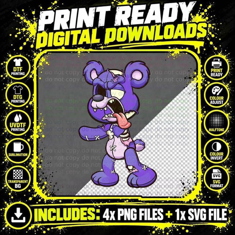 Kawaii Purple Pastel Goth Cute Creepy Teddy Bear Anime Png SVG Digital Bundle