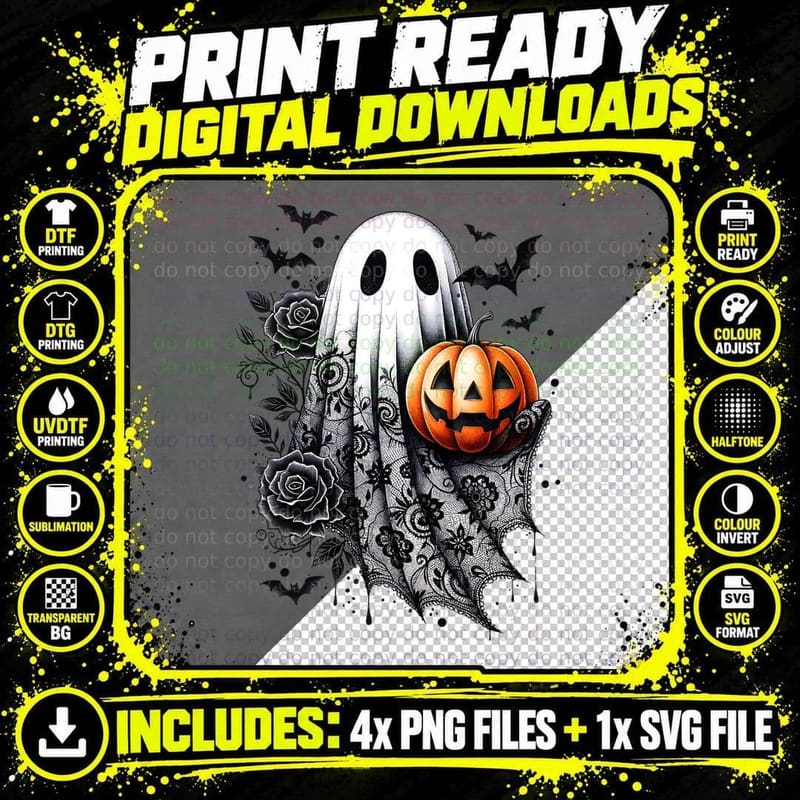 Lace Ghost with Jack O Lantern Halloween Goth, Warm Cozy Png SVG Digital Bundle