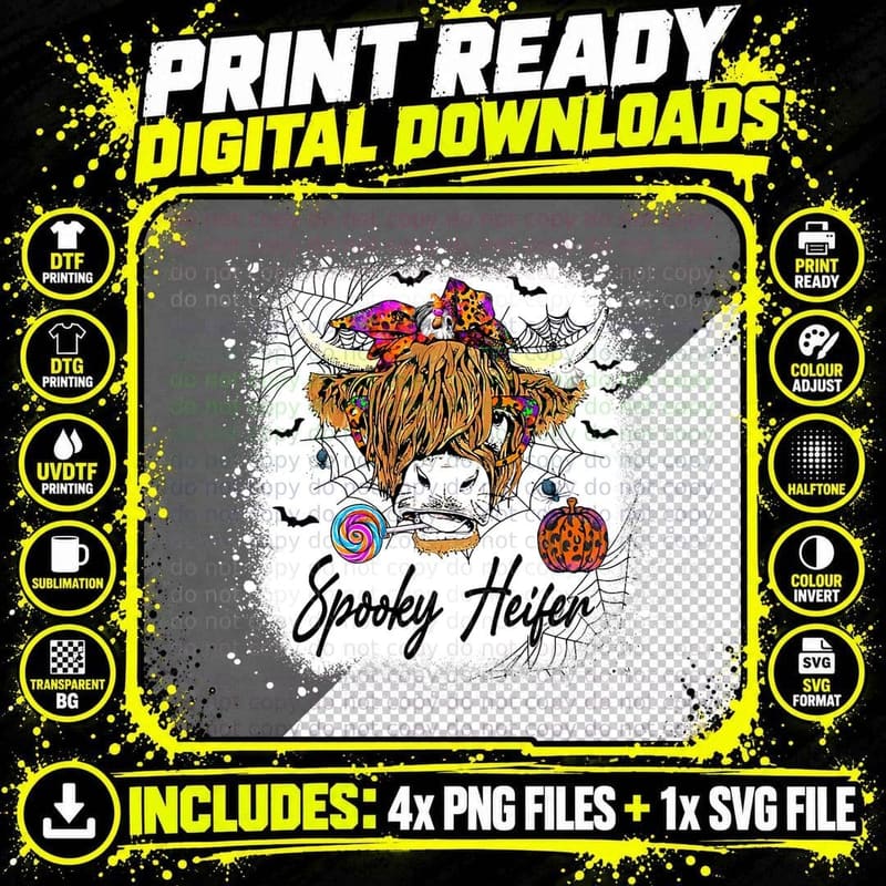 Leopard Halloween Highland Cow Pumpkin Spooky Heifer Png SVG Digital Bundle