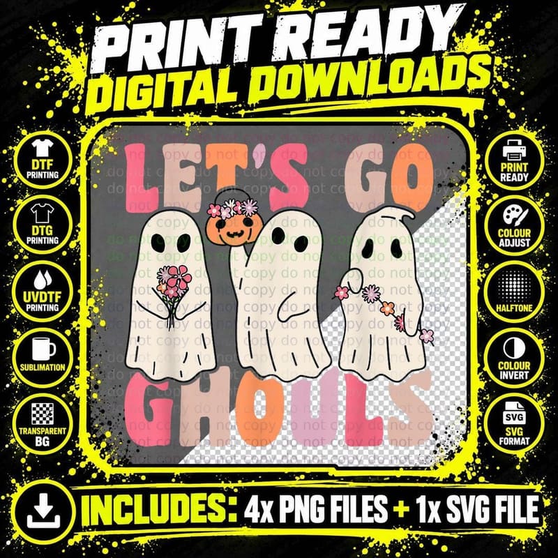 Let's Go Ghouls Groovy Ghost with Vintage Flowers Png SVG Digital Bundle