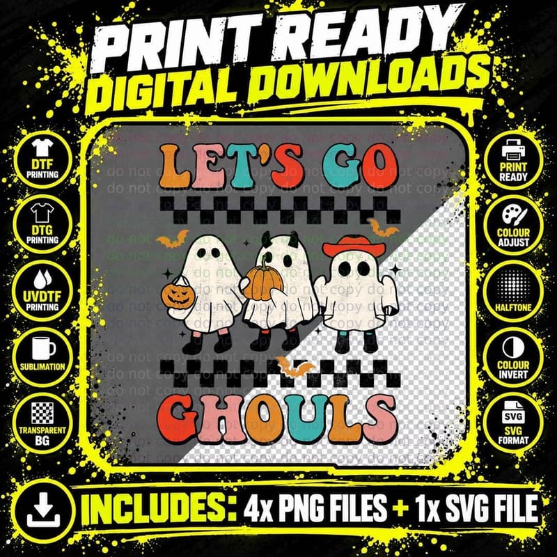 Let's Go Ghouls Groovy Retro Spooky Season Ghost Png SVG Digital Bundle