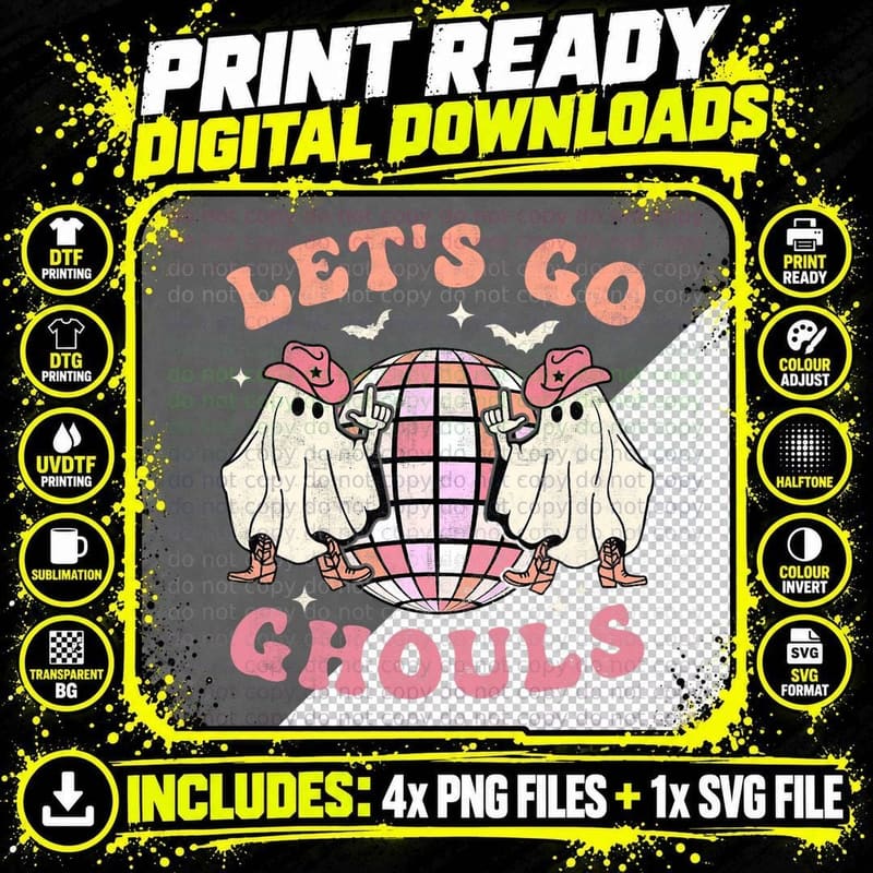 Let's Go Ghouls Halloween Spooky Season Groovy Retro Png SVG Digital Bundle