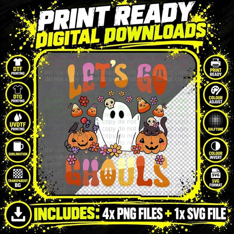 Let's Go Ghouls Retro Floral Ghost Pumpkin Cute Png SVG Digital Bundle