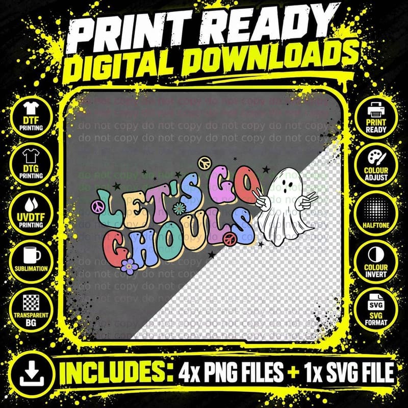 Let's Go Ghouls Retro Groovy Hippie Halloween Floral Png SVG Digital Bundle