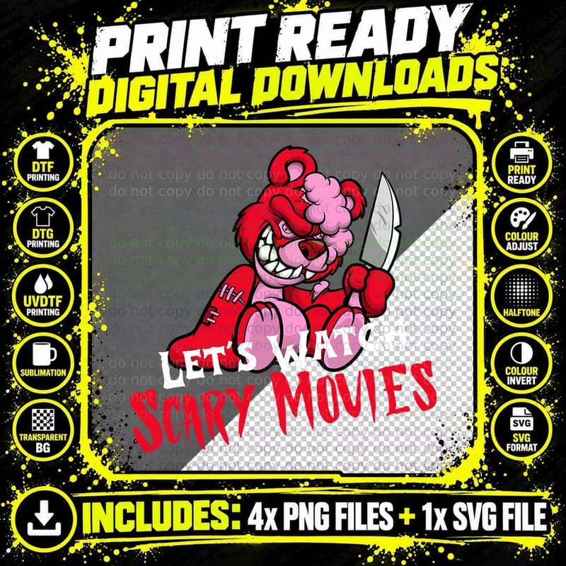 Let's Watch Scary Movies Evil Bear Horror T-Shirt Png SVG Digital Bundle
