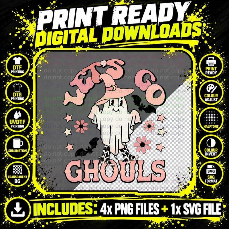 Lets Go Ghouls Funny Ghouls Hippie Costume Halloween Png SVG Digital Bundle