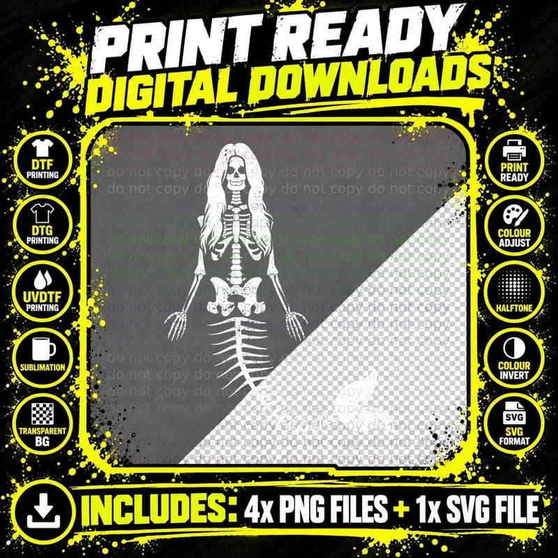Mermaid Skeleton Halloween Funny Spooky Scary Swimming Png SVG Digital Bundle