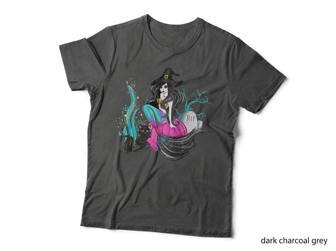 Mermaid Witch Halloween Black Cat Pink Pumpkin Pastel Goth T-Shirt