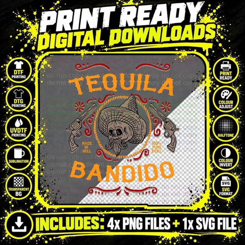 Mexican Skull Tequila Bandito Cool Skeleton Charro Gift Png SVG Digital Bundle