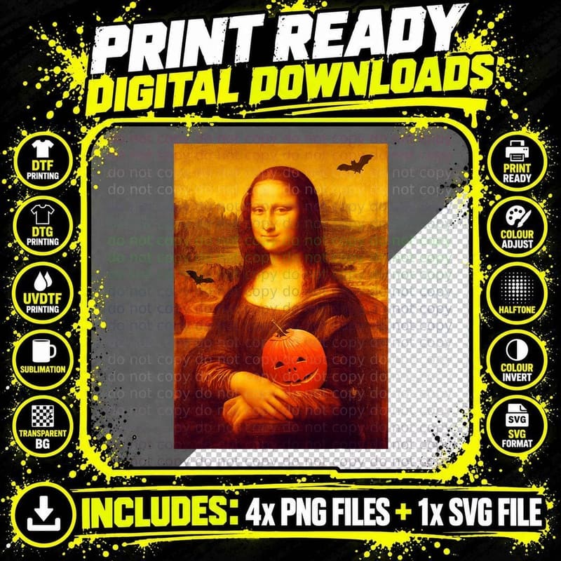 Mona Lisa Halloween Pumpkin Pop Art Gioconda for Art Png SVG Digital Bundle