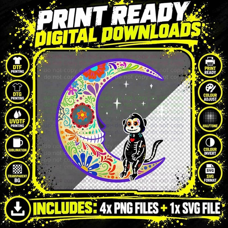Monkey Dia De Los Muertos Skeleton Sugar Skull T-Shirt Png SVG Digital Bundle