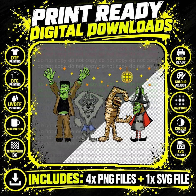 Monster Mash Tshirt Disco Dance Party Halloween Group Png SVG Digital Bundle