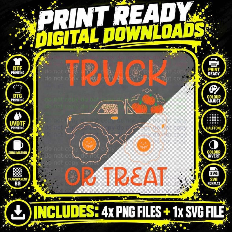 Monster Truck Funny Halloween Truck or Treat T-Shirt Png SVG Digital Bundle