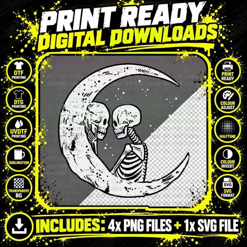 Moon Skeleton Couple Kiss Cute Halloween Costume Women Png SVG Digital Bundle