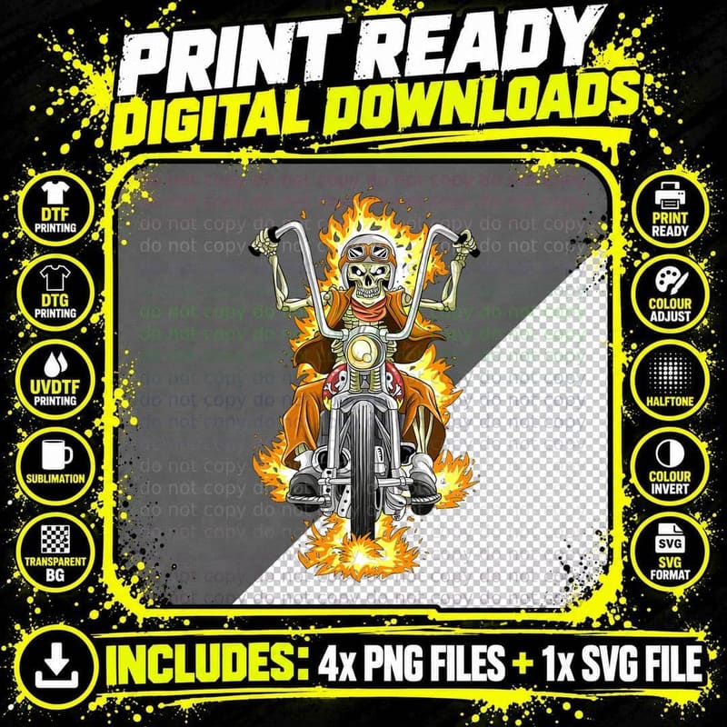 Motorcycle Skeleton Motorcyclist Flames T-Shirt Png SVG Digital Bundle