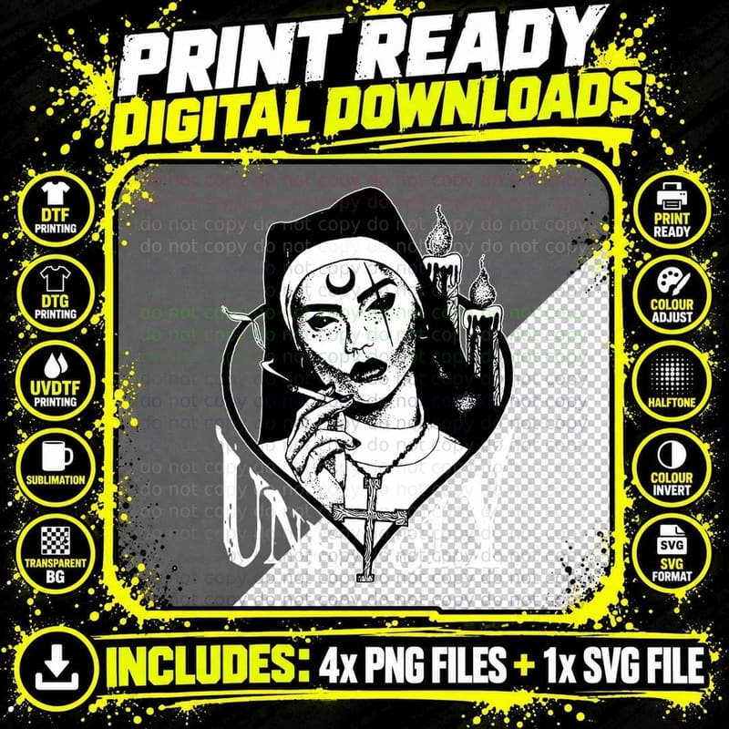 Naughty Unholy Nun Smoking Horror Tattoos Occult Goth Png SVG Digital Bundle