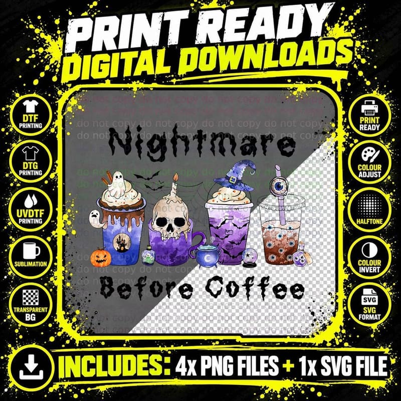 Nightmare Before Coffee Pumpkin Horror Nights Halloween Png SVG Digital Bundle