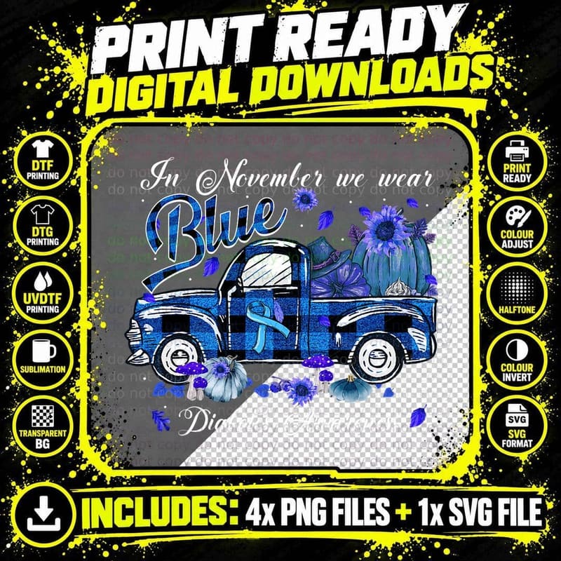 November Blue Truck Pumpkin Fall Funny Diabetes Png SVG Digital Bundle