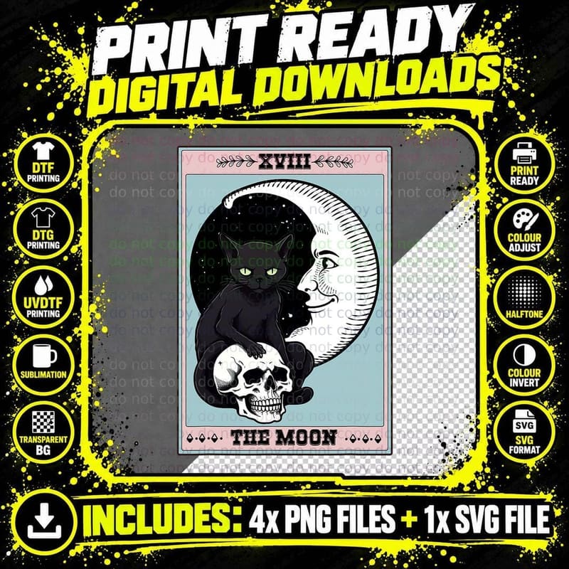 Occult the Moon Black Cat Skull Tarot Spooky Creepy Cat Png SVG Digital Bundle